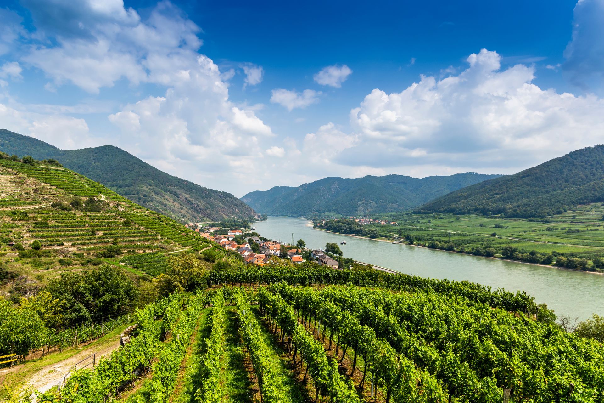 Spitz, Austria, View to Danube river from ruins of Hinterhaus castle.