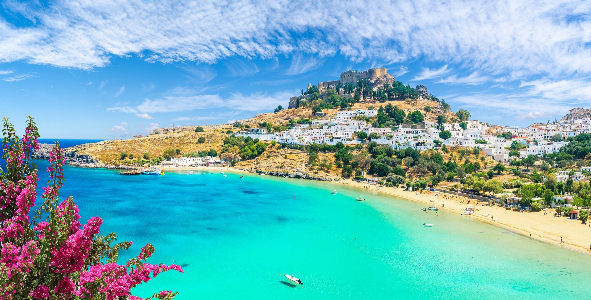 Landscape with beach and castle at Lindos village of  Rhodes, Greece