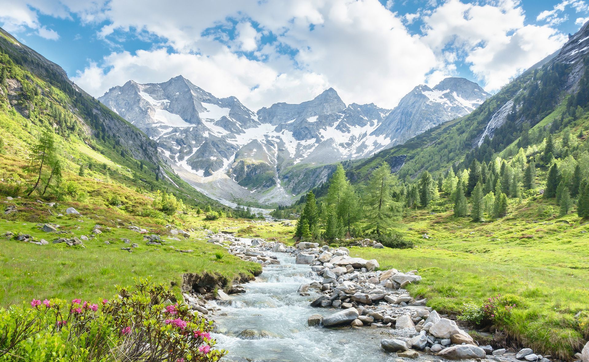 Panorama eines Wandergebietes in den Alpen mit Wildbach und Glet
