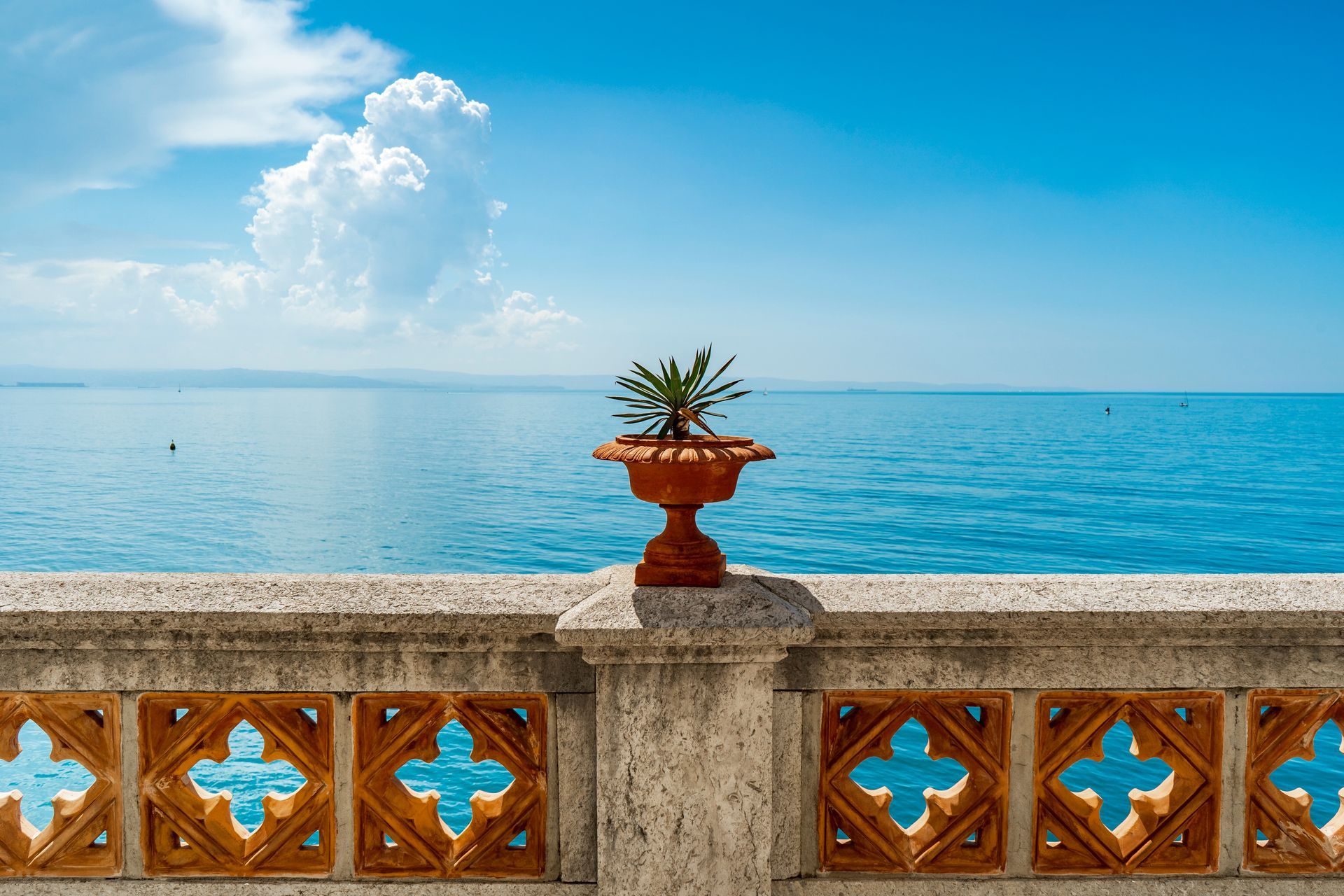 Beautiful balcony looking at the sea in summer from Miramare castle in Trieste Italy