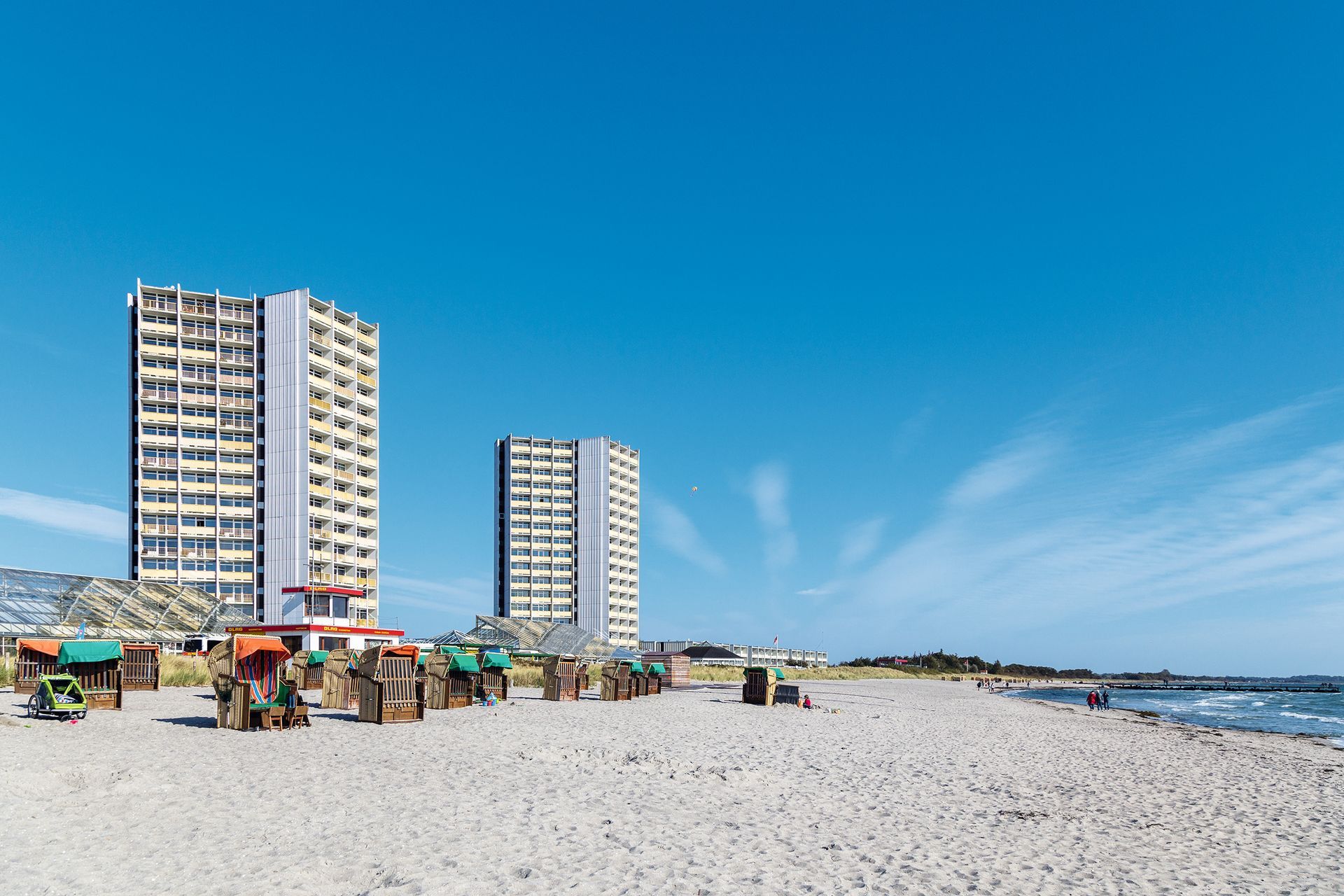 Fehmarn, Germany - September 30, 2018: The South Beach with the Hotel and holiday center IFA in the background