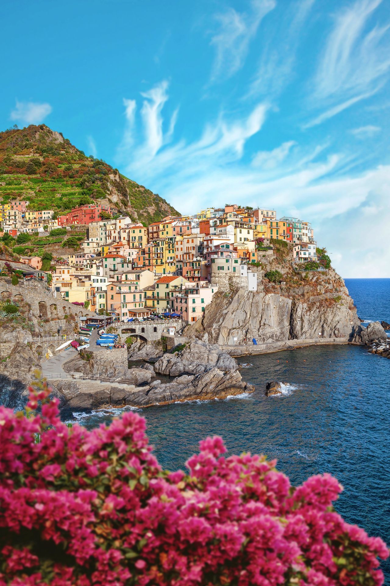 Manarola in the Cinque Terre National Park in Italy with flowers