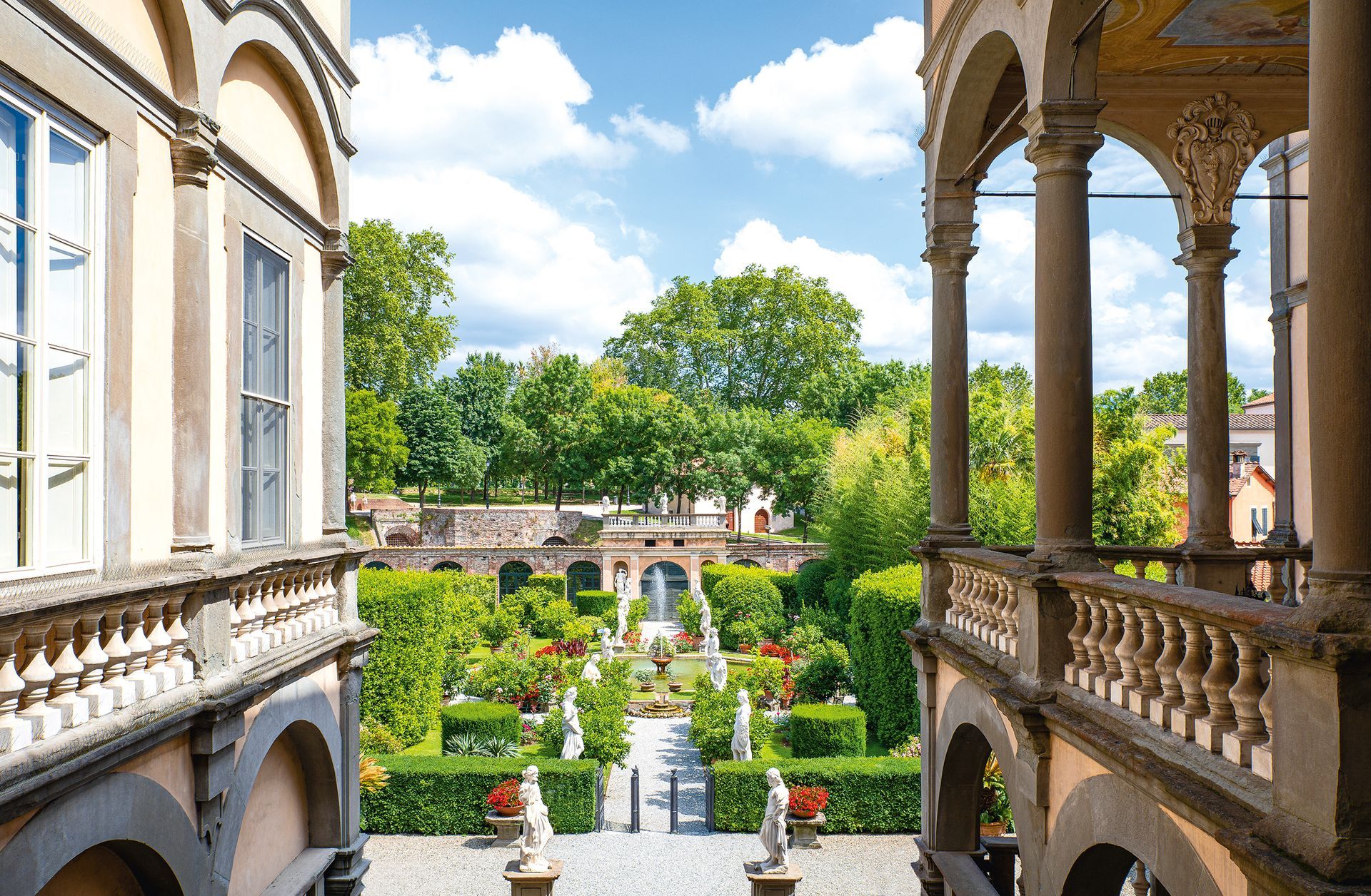 Lucca, Italy - June 5, 2018: The garden of the Pfanner palace seen from the loggia