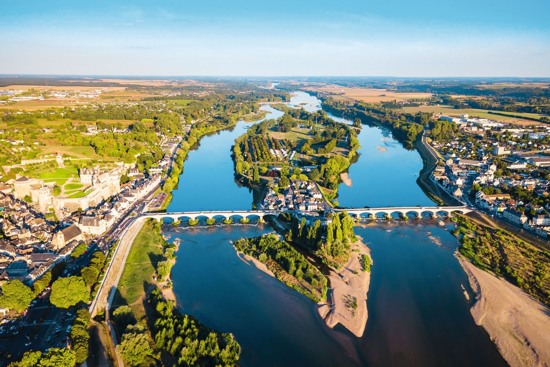 Chateau d'Amboise aerial panoramic view. It is a chateau in Amboise city, Loire valley in France.