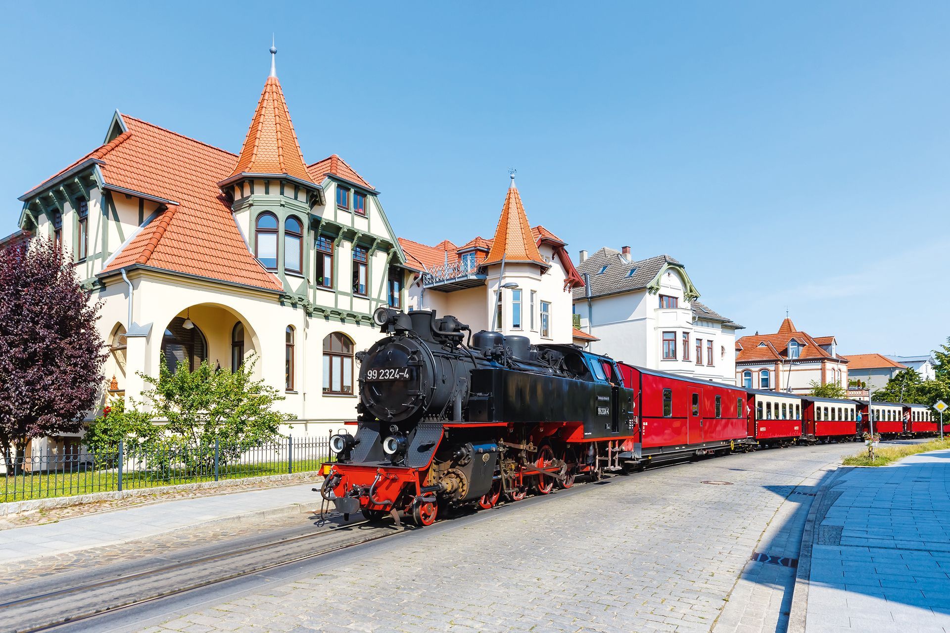 Baederbahn Molli steam train locomotive railway rail in Bad Doberan, Germany