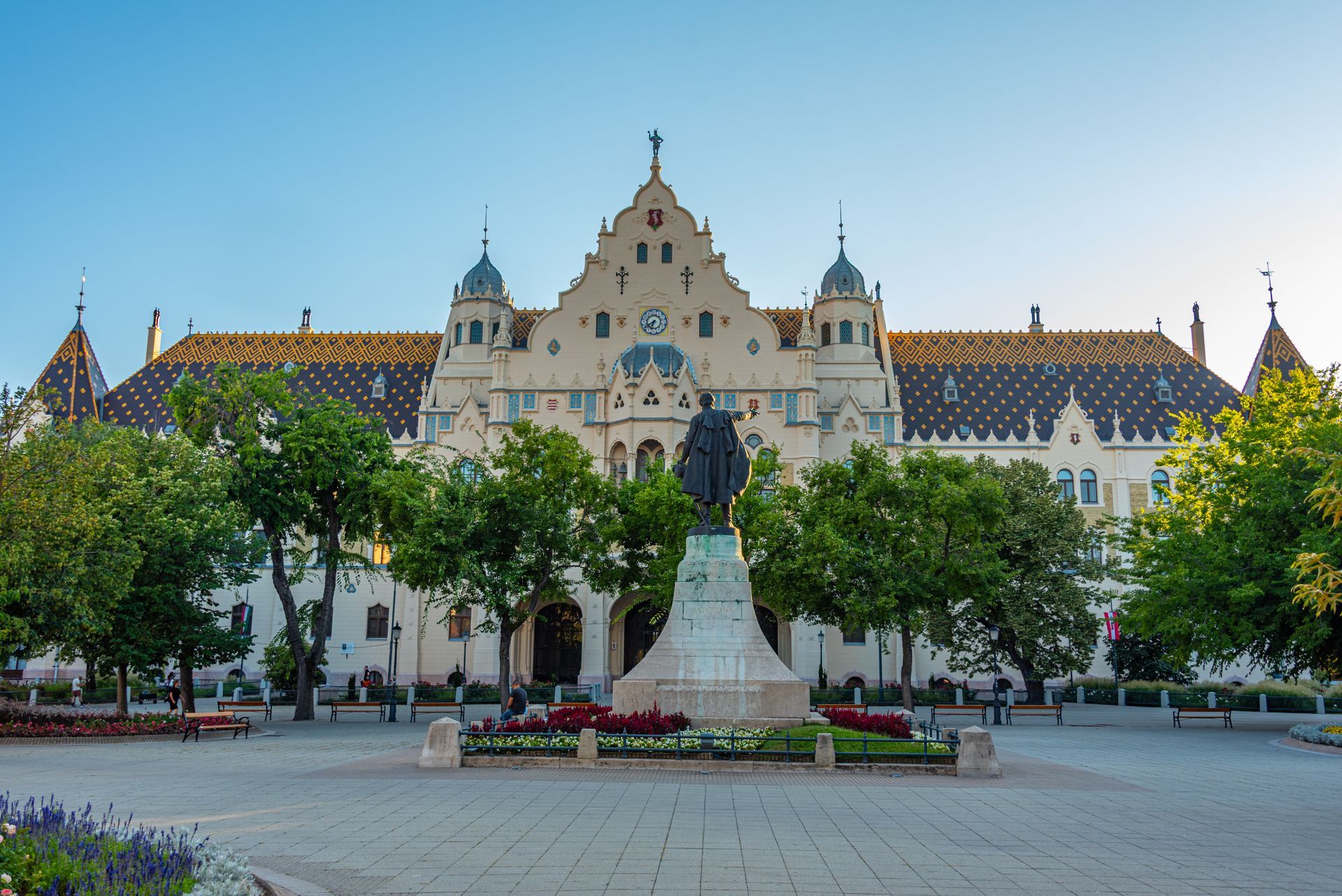 Sunset view of town hall in Kecskemet, Hungary