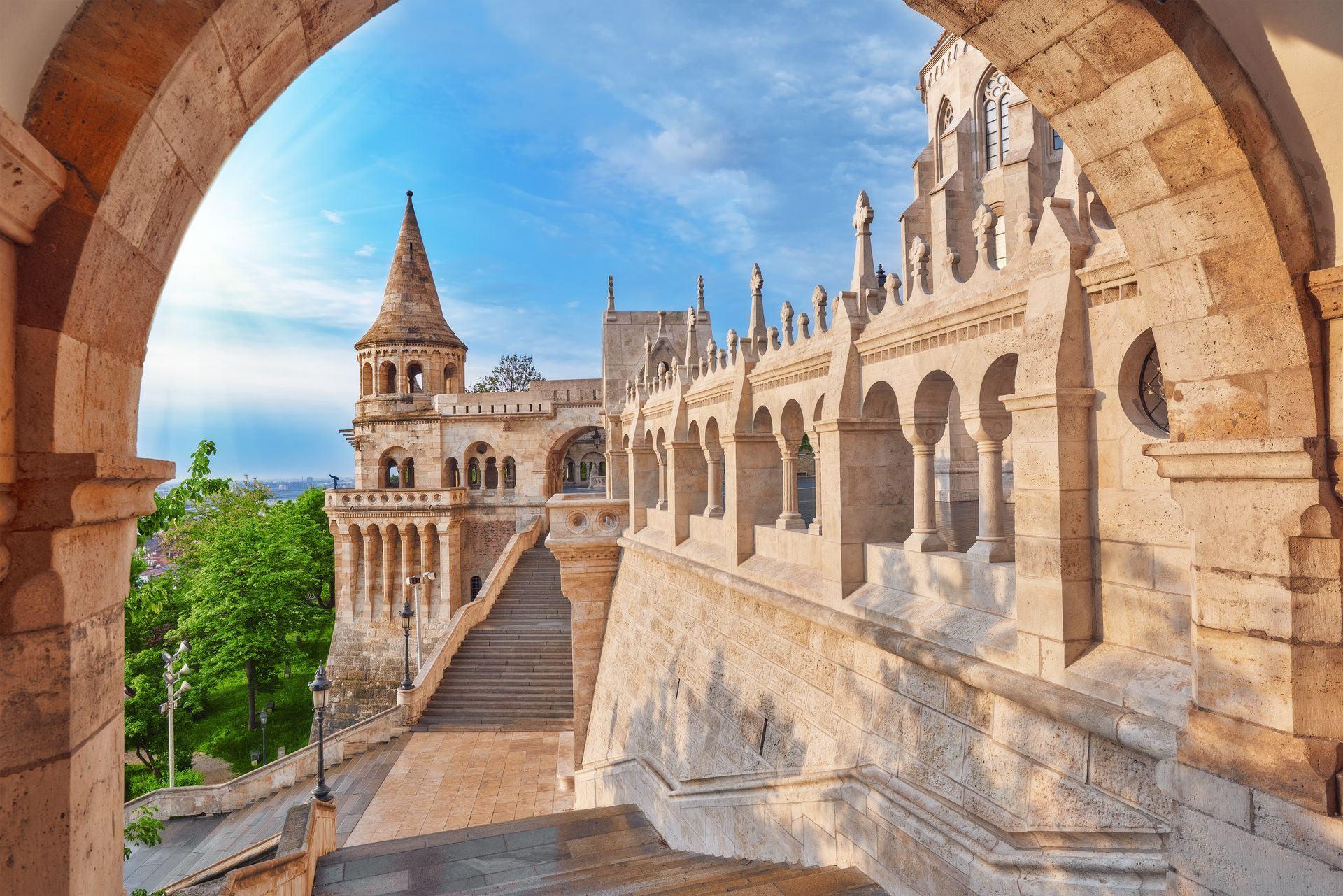 View on the Old Fisherman Bastion in Budapest. Arch Gallery.