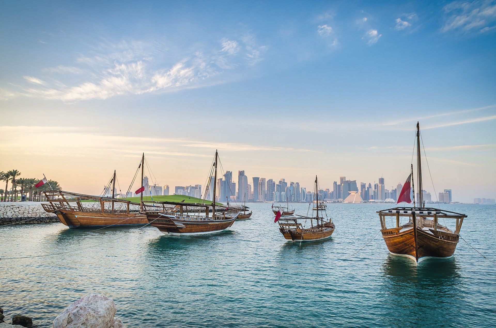 Dhows moored off Museum Park in central Doha, Qatar, Arabia, wit