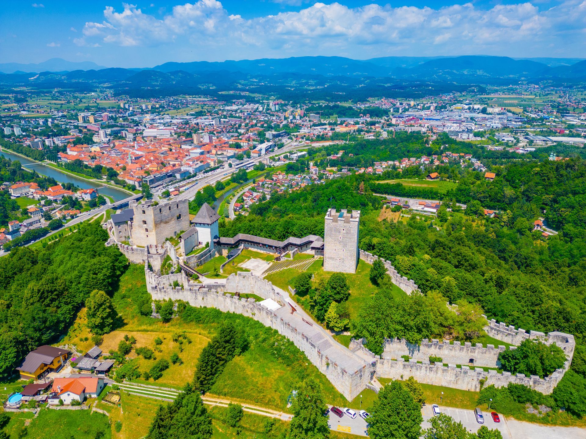 Aerial view of Celje castle and surrounding neighborhood, Slovenia