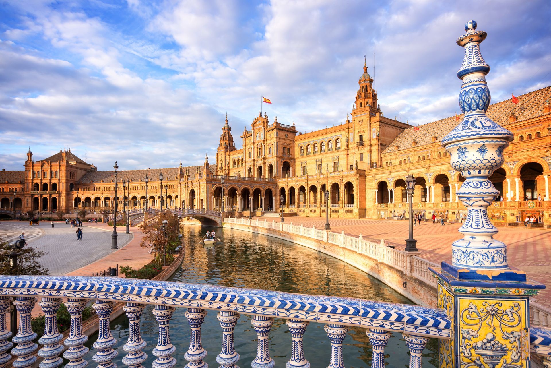 Blue azulejos bridge on Plaza de Espana (Spain square), Seville famous landmark, Andalusia, Spain