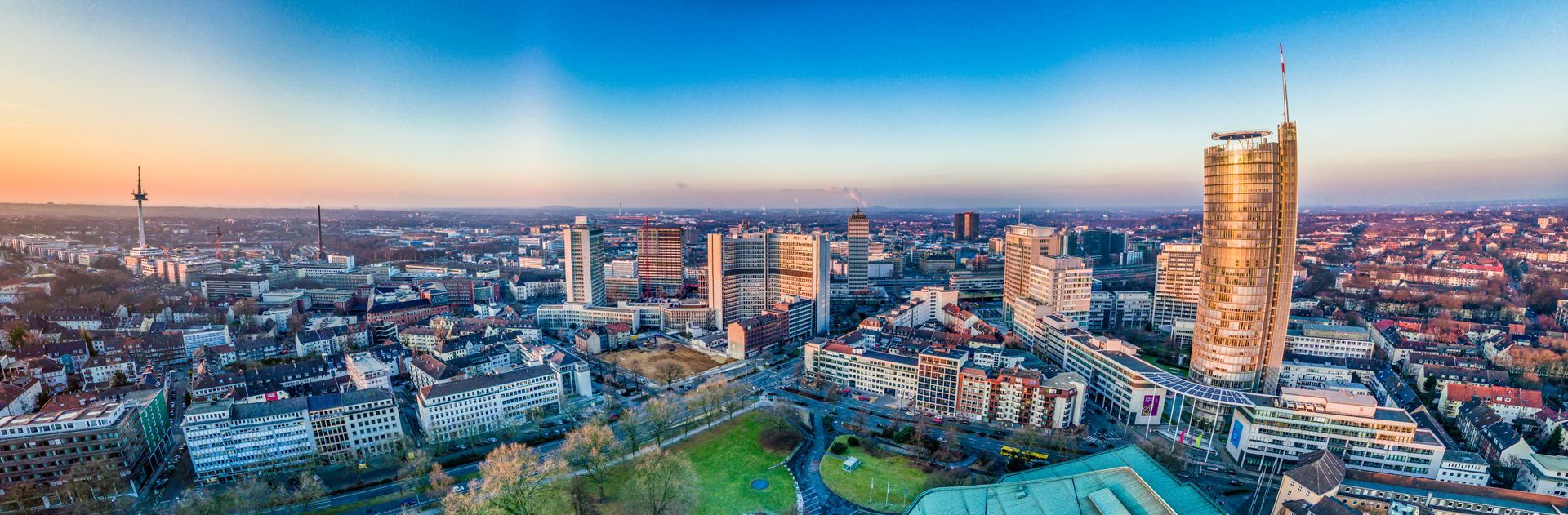 The city skyline of Essen under the sunset