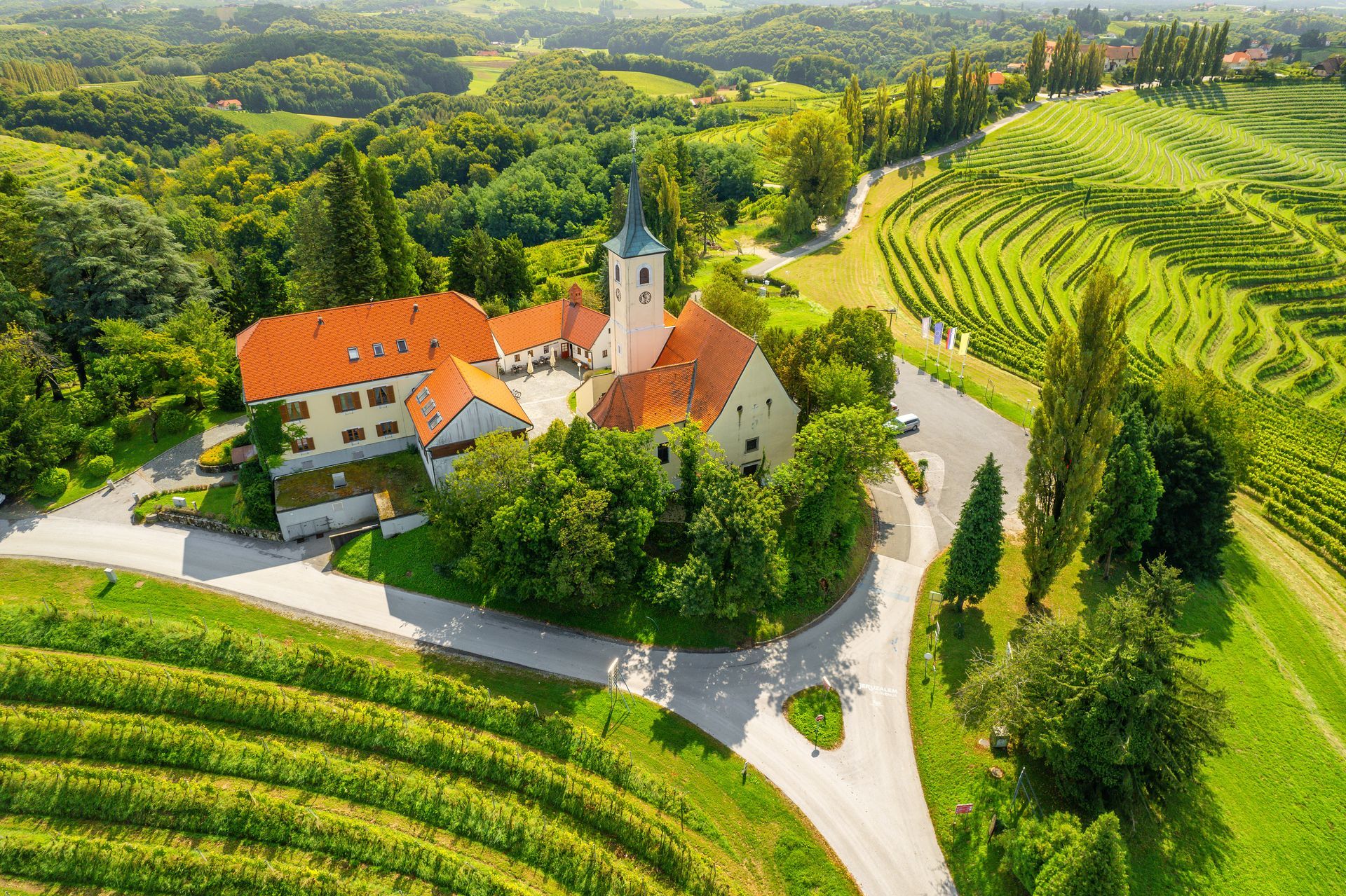 Aerial view of the Church and green vineyards, Jeruzalem winery region, Slovenia