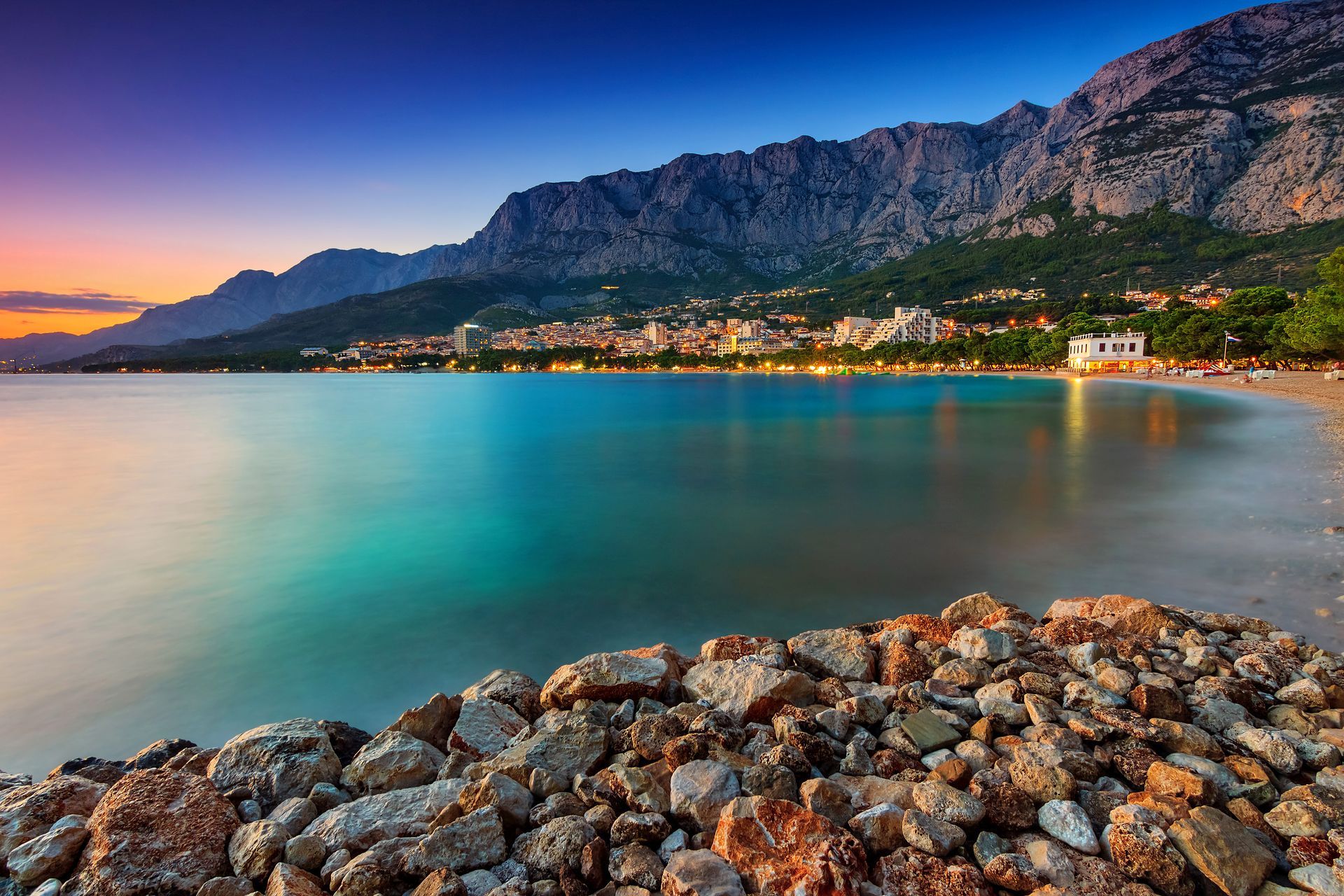 Beautiful Croatian resort at sunset,Makarska,Dalmatia,Europe