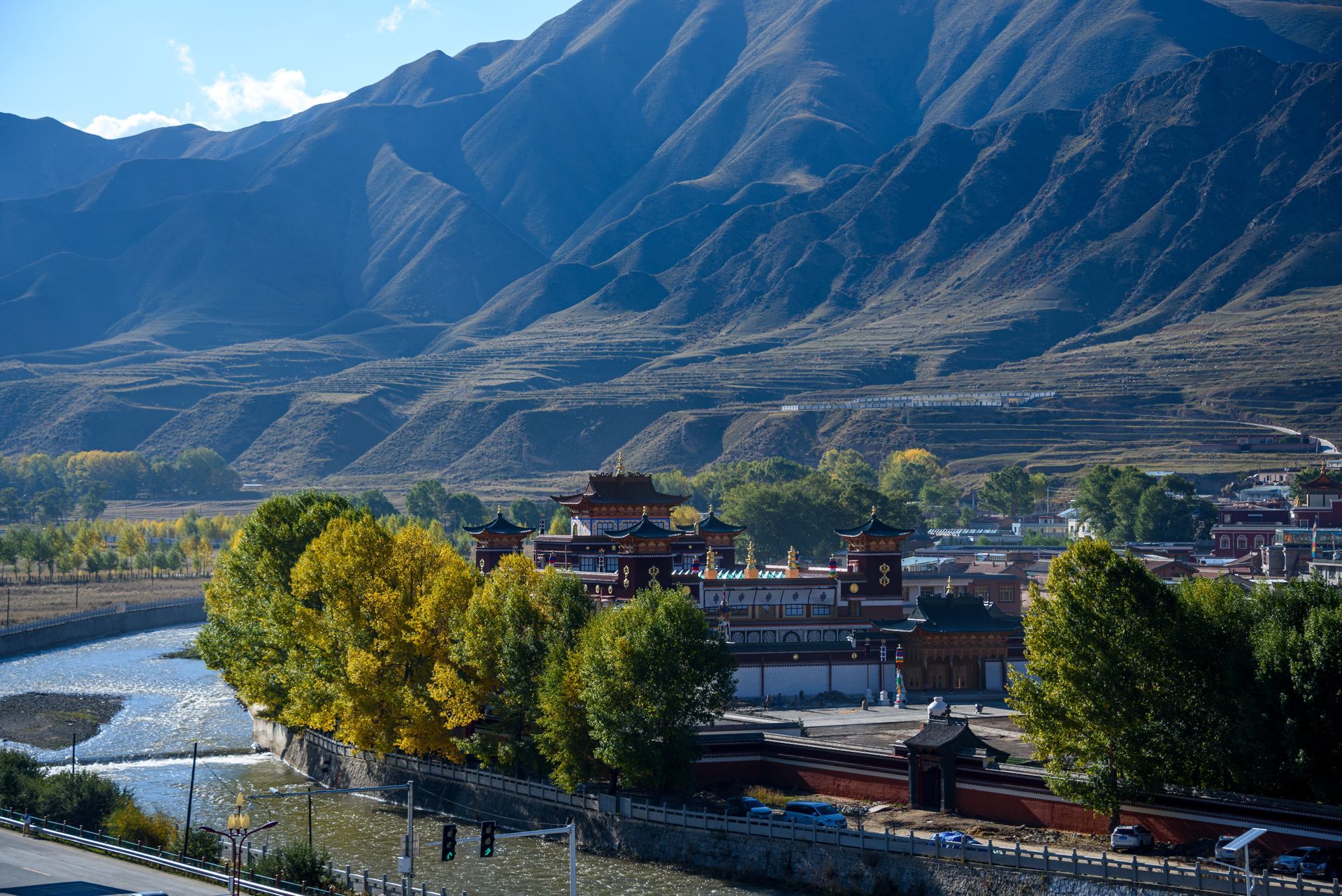 View of the Labrang Monastery from hilltop in Xiahe County, China
