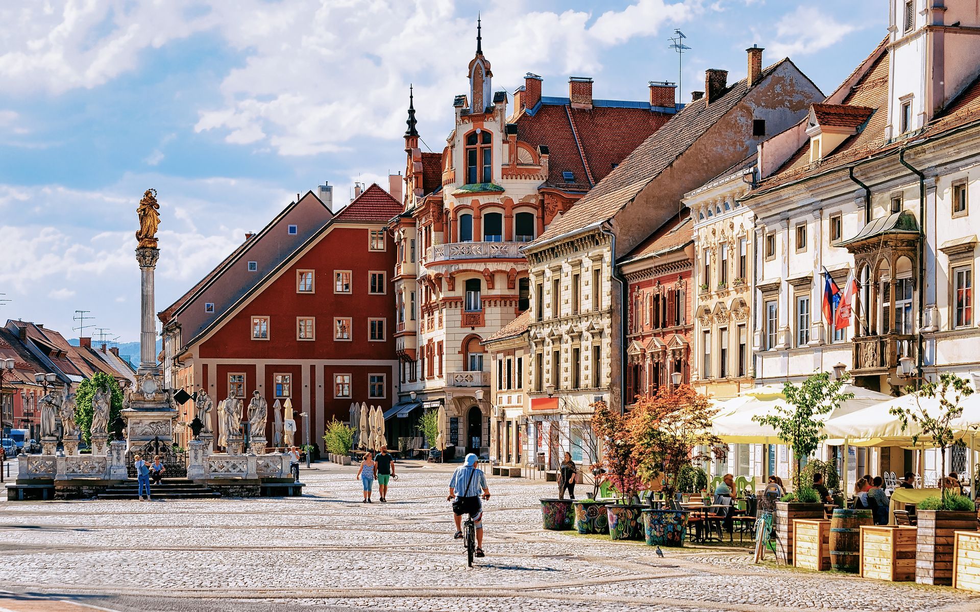 Maribor Town Hall square Slovenia Europe. Maribor Town Hall and Plague Column on the central square, Lower Styria, in Slovenia