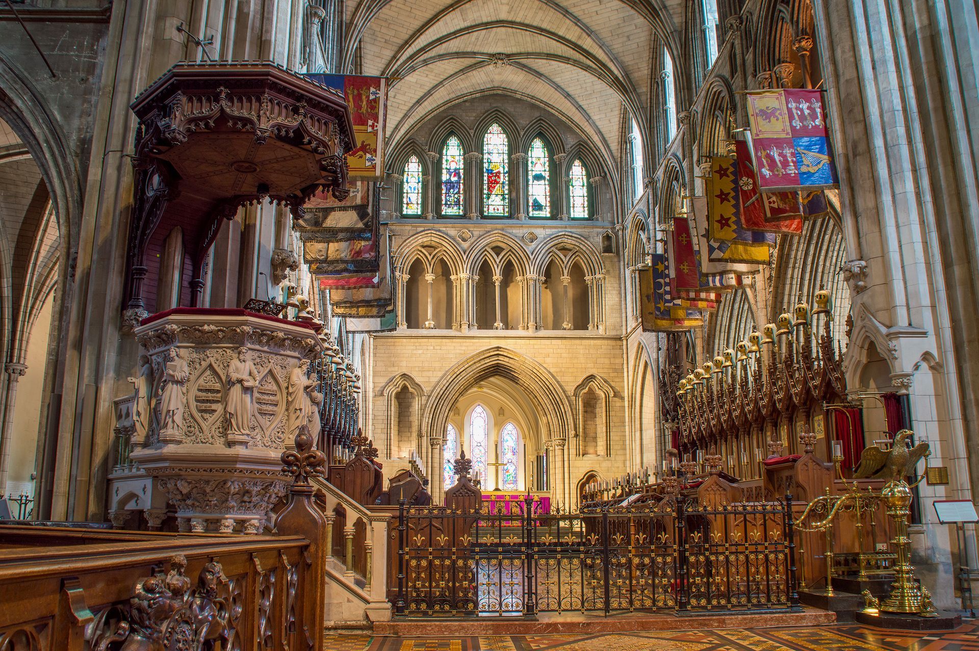  The interior of the St Patrick's Cathedral, the Church of Ireland. The pulpit, choir and sanctuary.