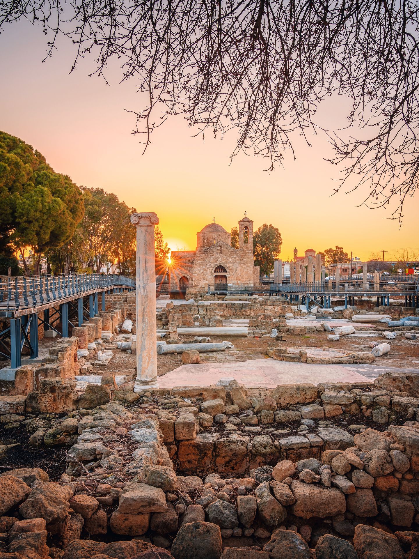 St Pauls Column and Agia Kyriaki Chrysopolitissa in Paphos on a 