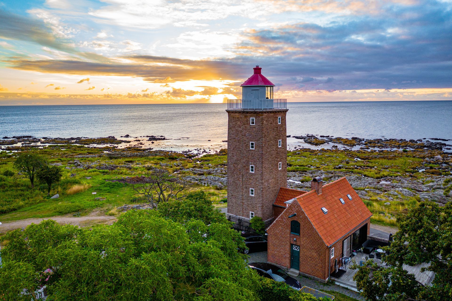 aerial view of lighthouse on the coast of the sea on bornholm denmark