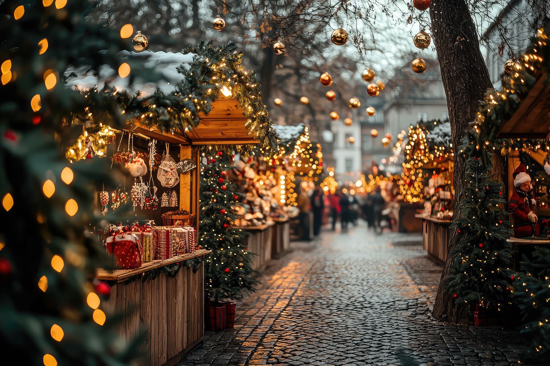 A Festive European Christmas Market: Cobblestone Street, twinkling lights, and charming wooden stalls create a magical ambiance.