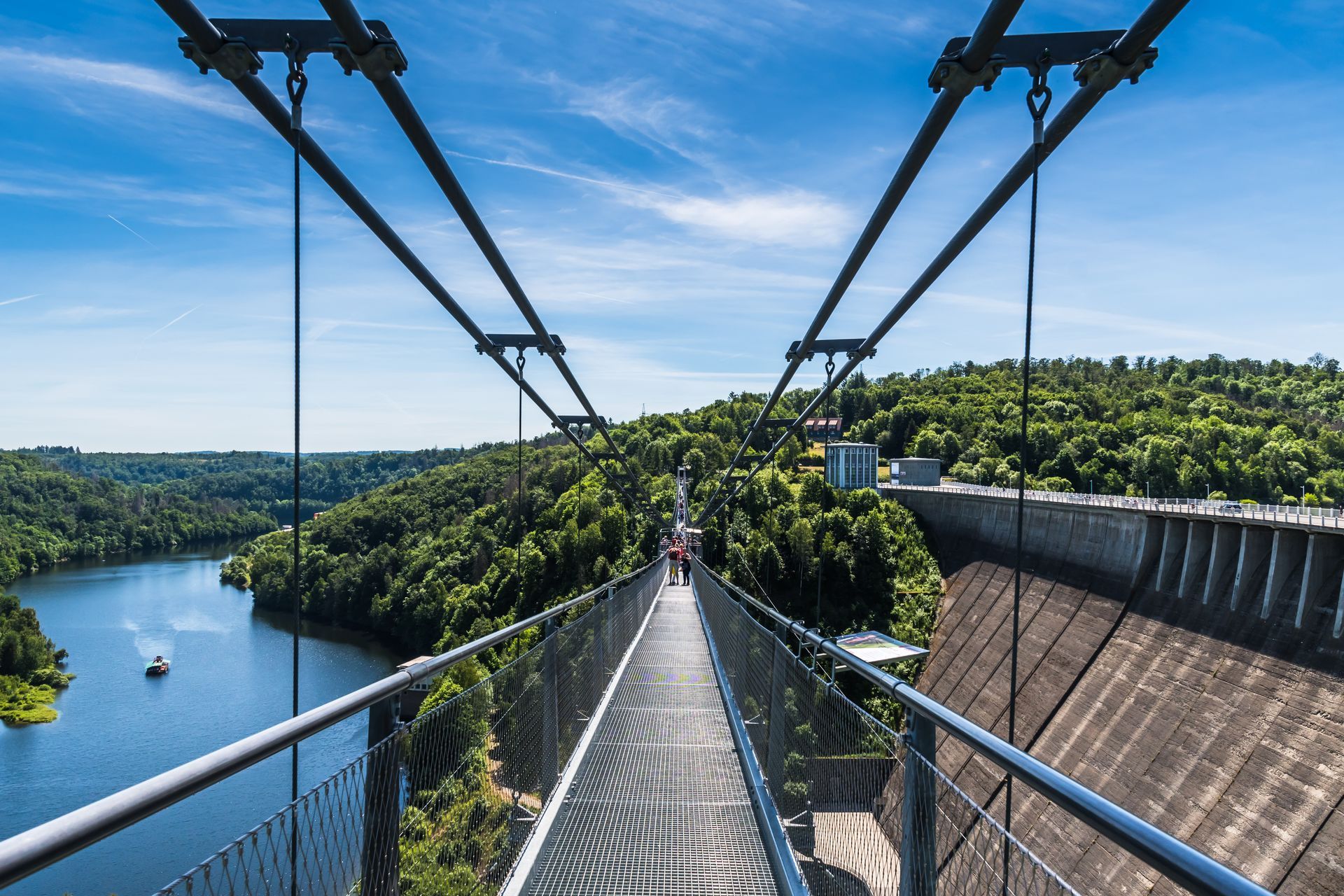Titan RT rope suspension bridge over the Rappbodetalsperre (rappbode dam) in the Harz Mountains in Germany.